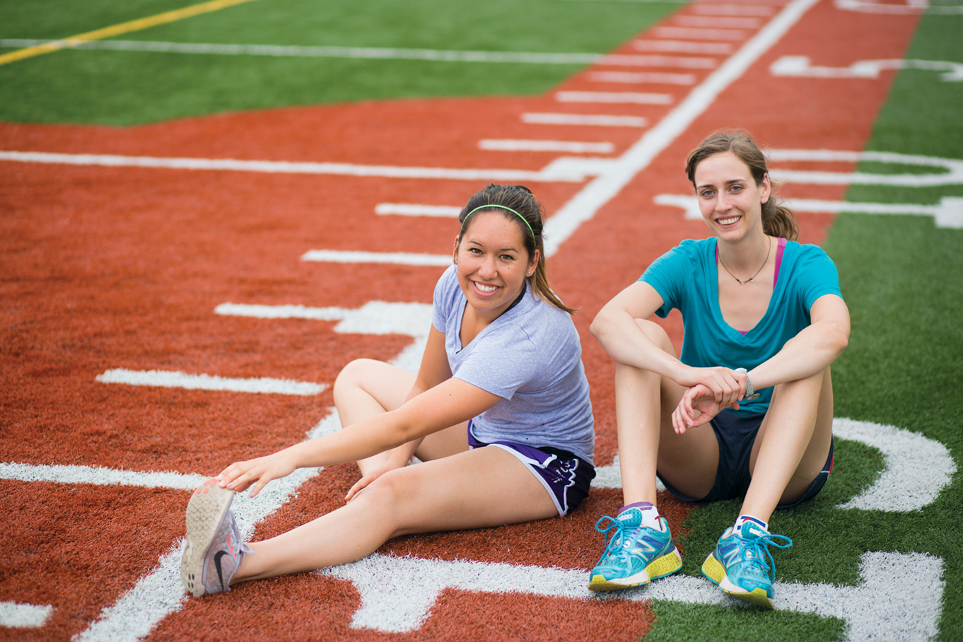 Master’s Entry students Zoe Lim, left, and Kelsi Brooks before a workout in Patterson Park.